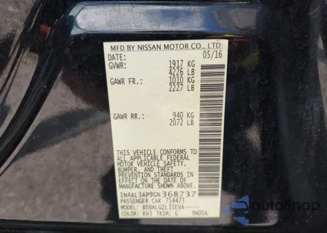 2016 Nissan Altima 2.5/2.5 S/2.5 Sl/2.5 Sr/2.5 Sv from USA, damaged, VIN 1N4AL3AP9GN368737